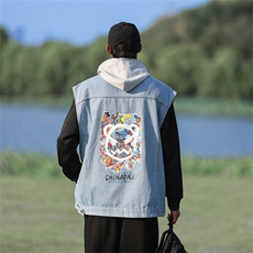 牛仔马甲男2025年秋季宽松无袖坎肩夹克熊猫印花外套MJ114-P68，男装夹克，星座1103-3