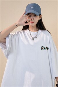 中性风  春夏新款宽松玫瑰花朵印花休闲短袖T恤T6047 P25控38图片