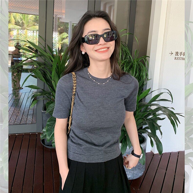 针织衫2025春夏新款女装纯色圆领百搭短袖,针织衫/毛衣,沐策羊绒