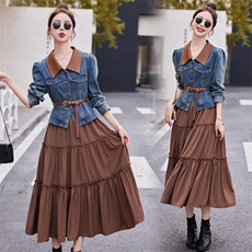 套装女2024春季新款时尚休闲牛仔上衣单排扣中长款连衣裙，女装连衣裙，天丝秀