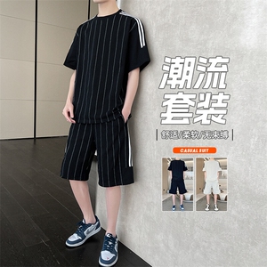 套装t恤男夏季薄款条纹款篮球休闲运动短袖短裤男装一套装图片