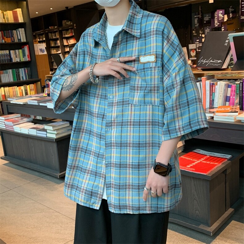 格子新款夏季短袖衬衫男港风潮流百搭宽松休闲半袖外套CS0355-P35,男装衬衫,星座308B-1