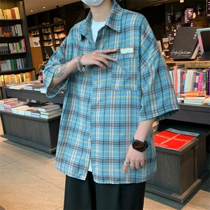 格子新款夏季短袖衬衫男港风潮流百搭宽松休闲半袖外套CS0355-P35图片