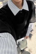 2026春季华棉420g重磅拼接假两件Polo领卫衣男W5418-特P58控108，男装卫衣，电商A001