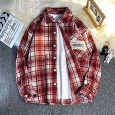 新品格子绣花衬衫外套男士情侣装宽松长袖衬衣港风DX506P55控78，男装衬衫，电商B413-1