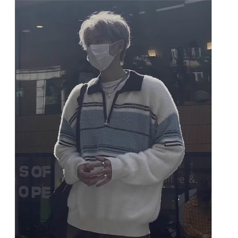 美式复古潮牌条纹翻领毛衣男女生半拉链polo领秋冬情侣针织衫上衣图片