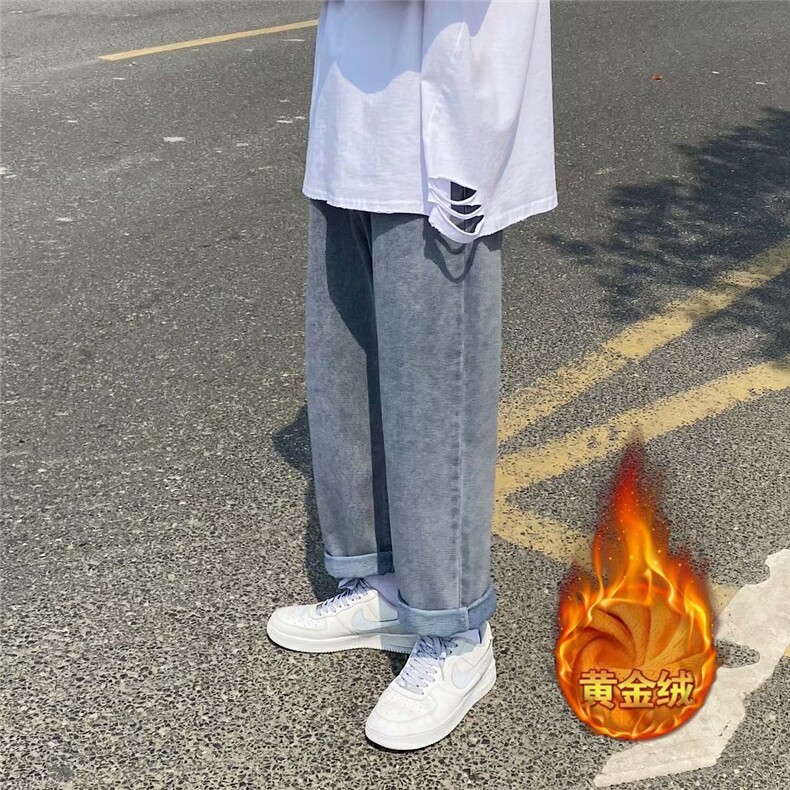 阔腿牛仔裤男宽松直筒坠感百搭老爹裤子港风男女k138-p35 加绒45图片