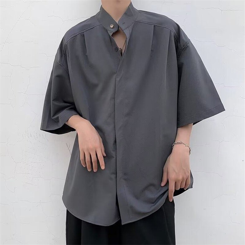 新中式立领短袖衬衫男女夏季冰丝宽松休闲衬衣潮牌设计感痞帅衣服,男装T恤,星座601-1
