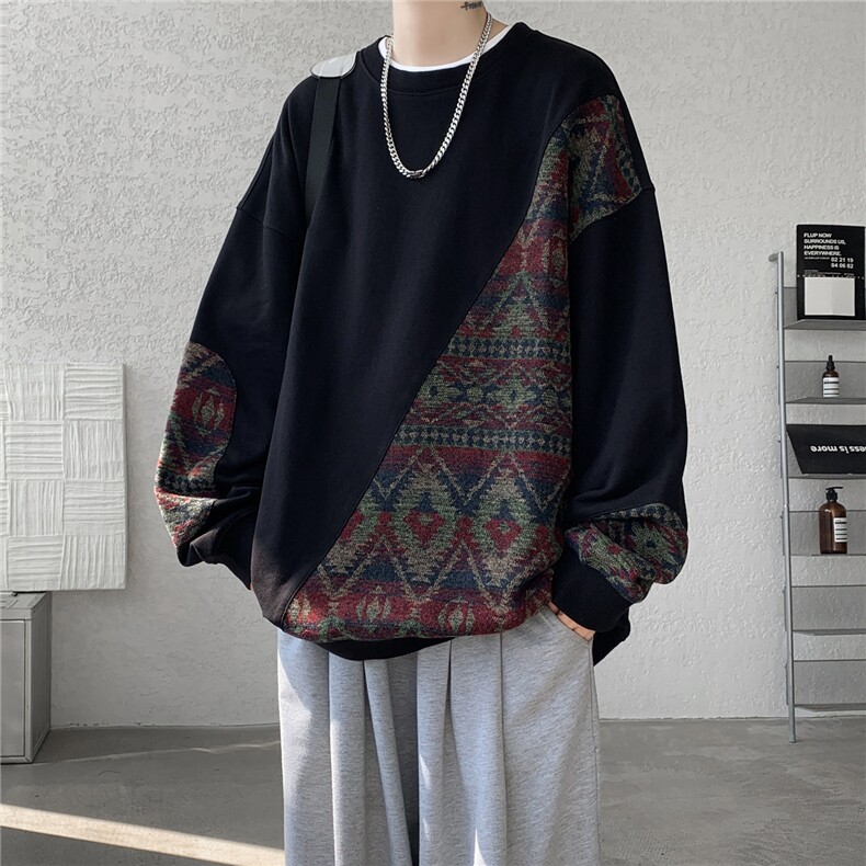 8XL-M民族风拼接卫衣大码胖子费尔岛上衣圆领复古外套WY5106/P55,男装民族服装,电商B238