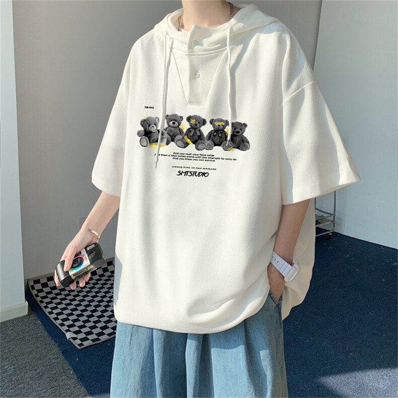 夏季港风冰丝宽松连帽短袖t恤五分体恤上衣TLM2230-P40控58,男装T恤,电商B370