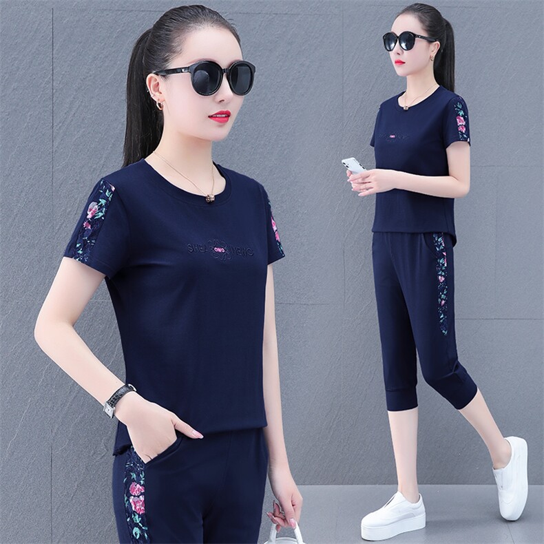 短袖纯棉运动套装女夏季2023新款广场舞跳舞中年妈妈休闲服两件套,女装运动套装,燕颉服饰