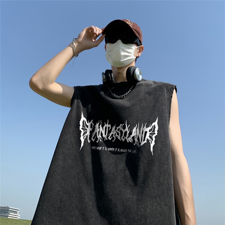 港风23夏季时尚百搭宽松做旧水洗磨皮无袖短袖T恤DT6247P40控58,男装T恤,电商A268A