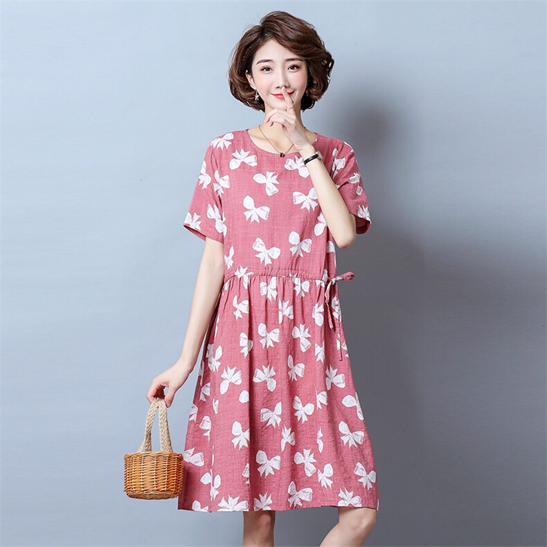 2021年夏季圆领纯色宽松腰时尚印花短袖简约百搭中长款，女装连衣裙，独衣靓