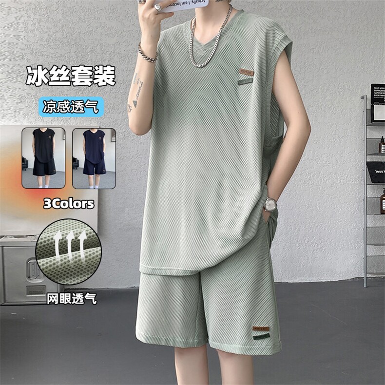 特批P60无差价夏季网眼透气轻薄冰丝皮标男大码背心两件套TZ5588图片