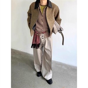 美式复古老钱风pu皮拼接短款夹克男秋冬季高级感cleanfit毛呢外套图片