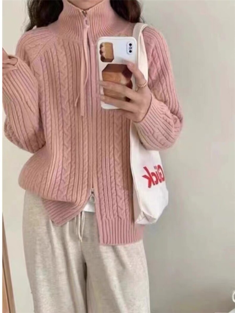 秋冬新款韩版宽松针织衫立领双拉链麻花纯色毛衣外穿休闲开衫,针织衫/毛衣,思途羊绒