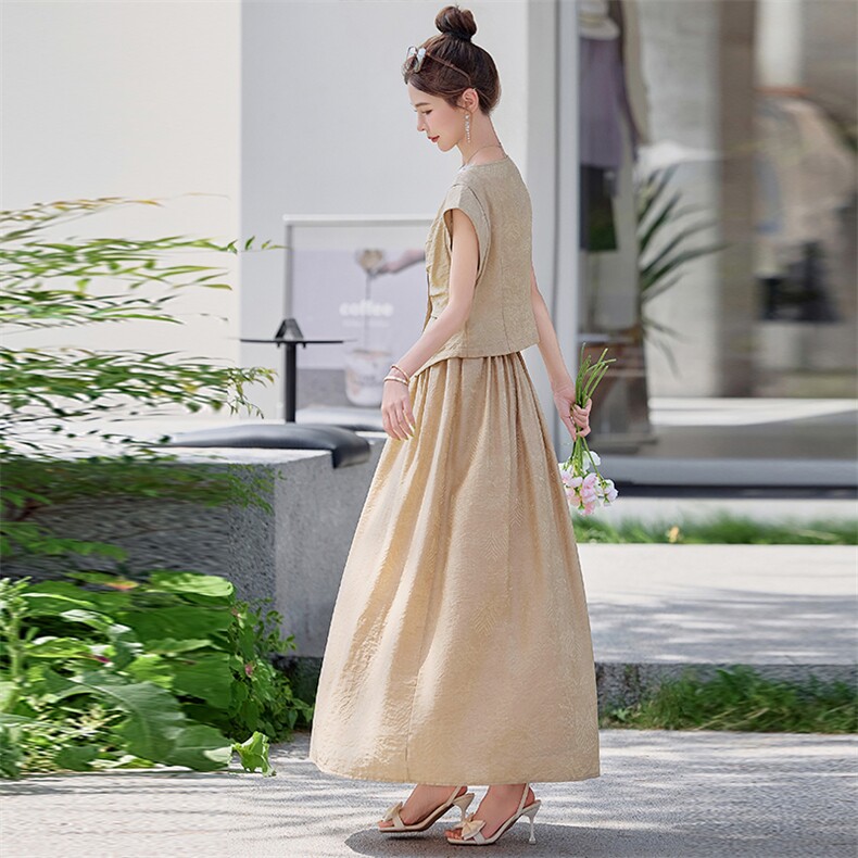 莱赛尔天丝套装裙女夏装2025新款显瘦短袖上衣+半身裙两件套套裙,女装套装/套裙,米雪儿