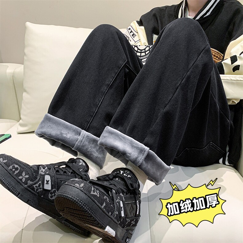 纯黑色加绒加厚牛仔裤男抽绳松紧腰裤子A080-9291-常规P35加绒P45图片
