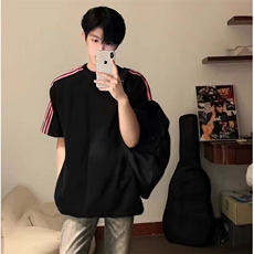 抖音得物品质二开240克宽松纯棉美式潮牌印花三条杠中性风短袖T恤，男装T恤，电商A486