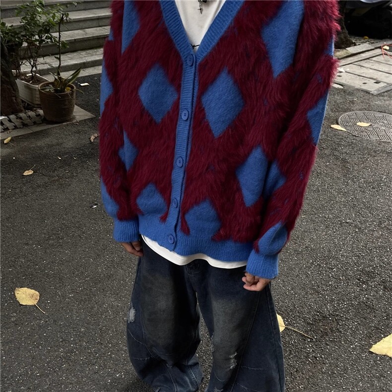 美式秋冬V领开衫针织衫男女风格慵懒风格覆古情侣宽松针织衫夹克,男装针织衫/毛衣,星座506A