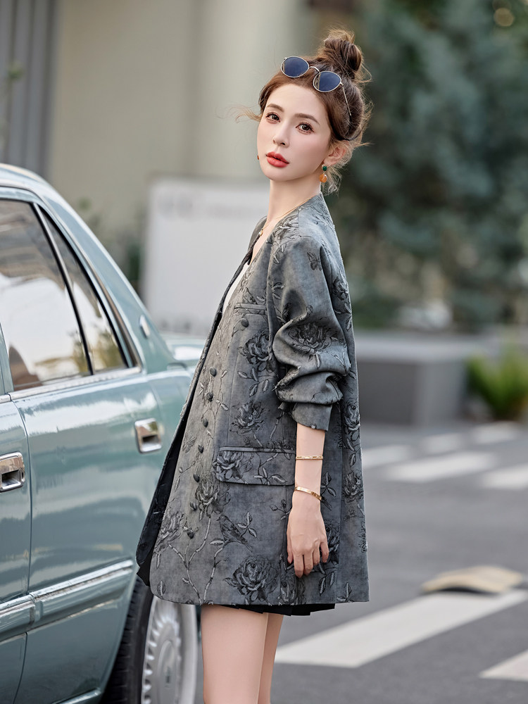 水衣源792款立体印花无领宽松潮品西装外套女,女装西装,水衣源