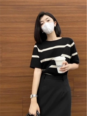 宽条纹短袖10%羊毛，女装T恤，佳弈羊绒