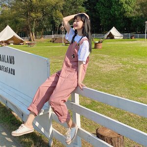 甜美粉色工装背带裤套装女春夏2025新款小个子韩版宽松休闲直筒裤图片