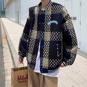 复古美式针织格子棒球领棉服男女潮酷bf加厚情侣外套JK01P85图片