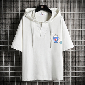 LD54262-P45 NASA连帽短袖t恤男大码胖子带帽五分袖中袖 网格图片