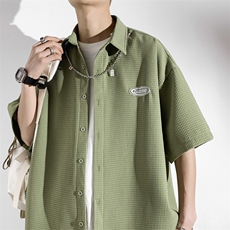华夫格短袖衬衫男装夏季美式复古含项链休闲衬衣外套W7267-P35，男装衬衫，星座512-2