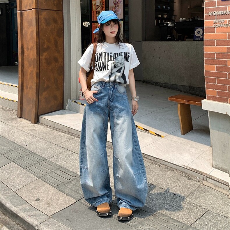 2025夏季新款美式复古水洗宽松直筒牛仔裤女百搭垂感阔腿裤子,男装牛仔裤,星座1210-1