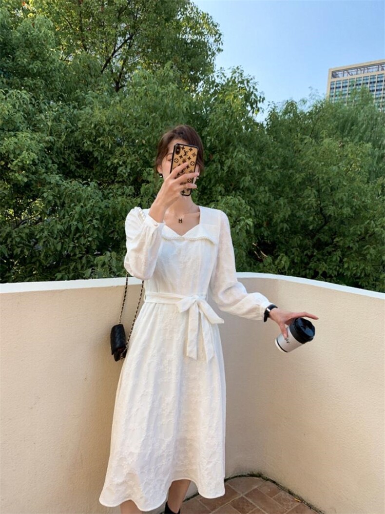 秋季新款韩版时尚修身淑女气质高雅珍珠领连衣裙，女装连衣裙，荷塘月色