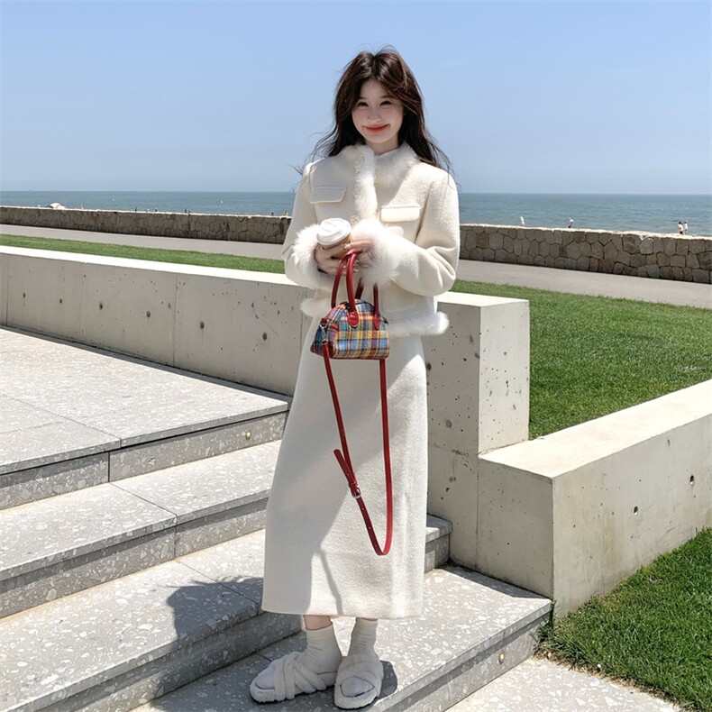 白色小香风羽绒服毛呢外套女冬季高级感韩系显瘦加厚半身裙两件套,女装套装/套裙,2C151
