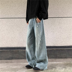 高腰美式复古做旧牛仔裤男女宽松百搭垂感微喇裤阔腿裤N6020/P50图片