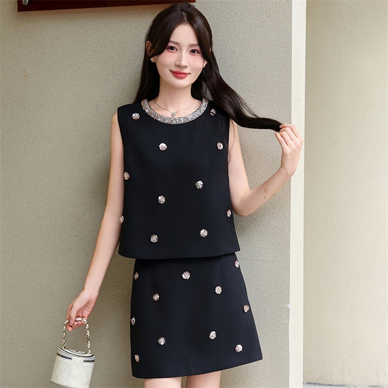 小香风亮片钉珠套装裙女2025夏季新款名媛气质无袖背心短裙两件套，女装套装/套裙，超帛
