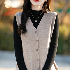 25春秋款纯羊毛针织马甲女V领拉链无袖背心宽松毛衣休闲坎肩上衣，女装马甲，哲奥羊绒