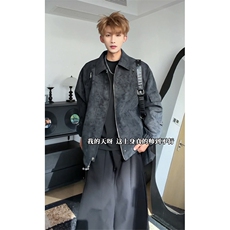 宽松高街扎染皮衣上衣夹克拉链设计感机车服C61321-TP75148，男装夹克，电商A102