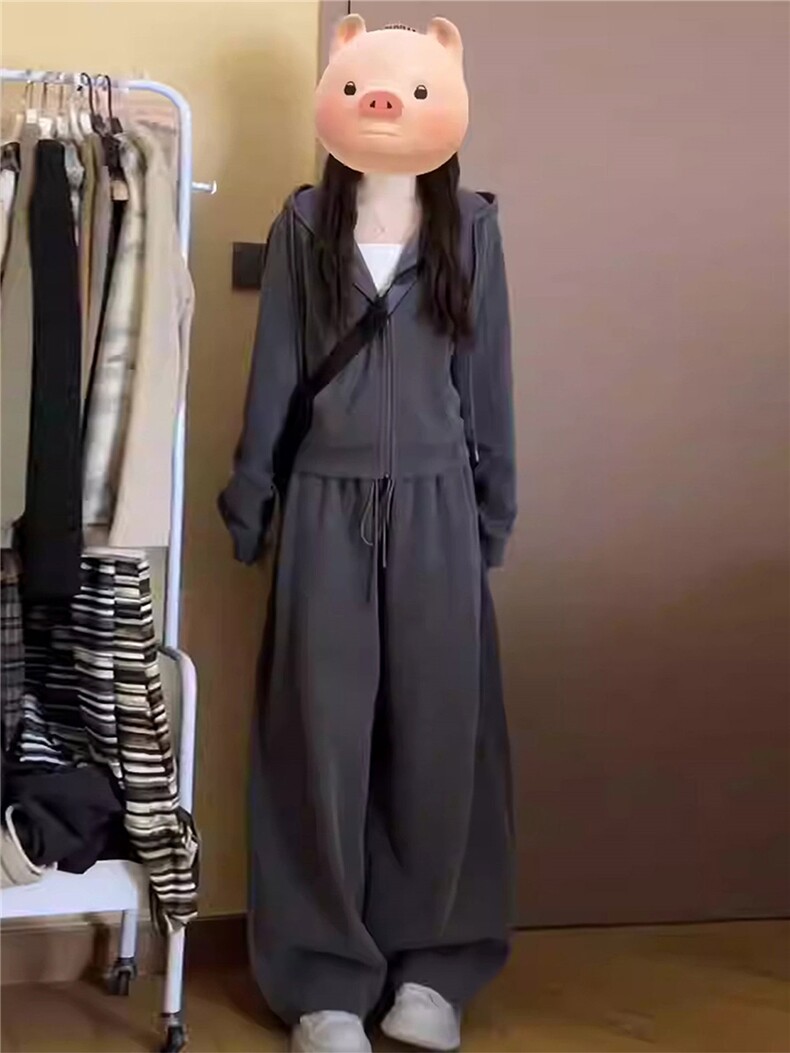 女春季新款时尚休闲套装宽松减龄拉链开衫抽绳外套直筒长裤两件套,女装套装/套裙,江南