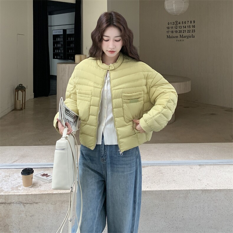 极简风休闲轻羽绒服女2025冬季新款韩系立领保暖白鸭绒百搭厚外套，女装羽绒服，玖莱伊