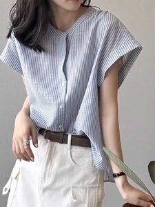 2025年秋季新款百搭条纹设计圆领短袖衬衫,女装针织衫/毛衣,织己羊绒