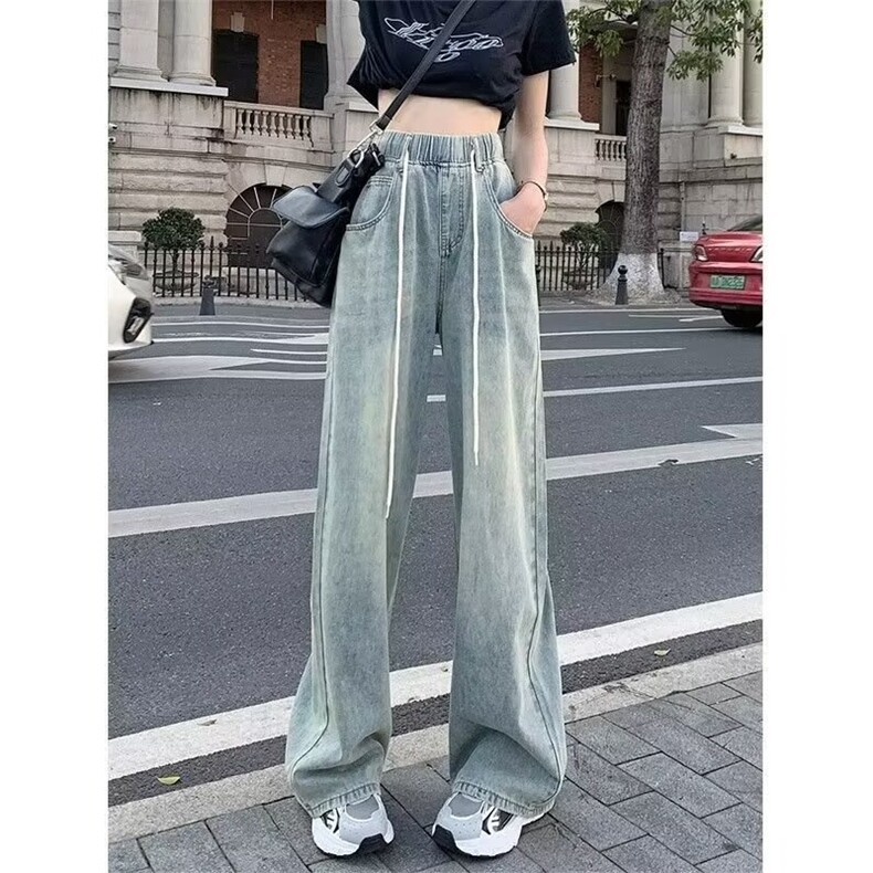 港风牛仔裤女秋抽绳设计感直筒垂感拖地长裤阔腿裤子潮RK3054-P43,男装牛仔裤,星座412-1
