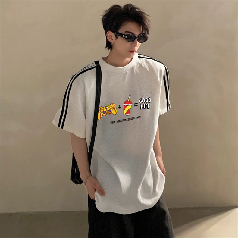 抖音得物高品质二开240克宽松纯棉美式潮牌三条杠织带短袖T恤,男装T恤,电商A486-1