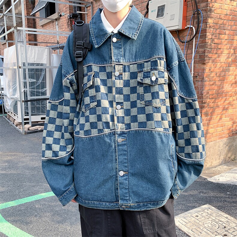 2024春季牛仔外套男款青少年美式复古潮牌做旧水洗棋盘格潮流夹克,男装夹克,星座410-7
