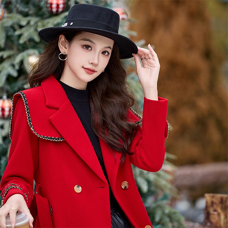 红色毛呢外套女中长款2024年春秋新款收腰显瘦结婚敬酒服呢子大衣图片
