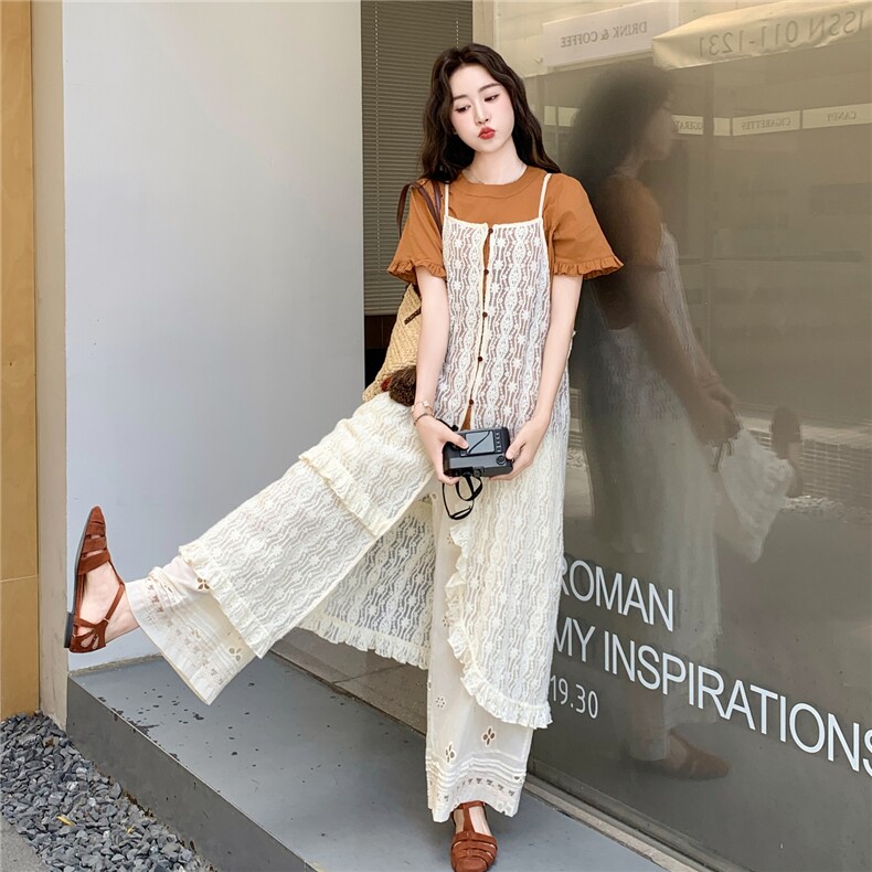 森系复古叠穿蕾丝吊带罩衫三件套女2025夏新款宽松减龄T恤阔腿裤图片