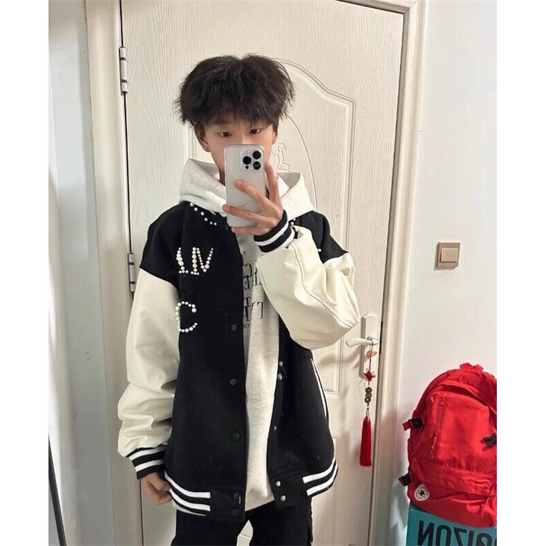 潮美式撞色拼接订珠棒球服男女情侣宽松百搭休闲PU皮夹克外套,男装夹克,星座601-1