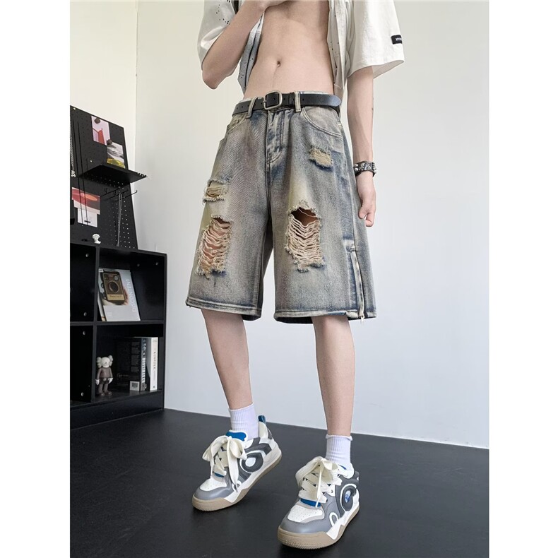 美式高街破洞牛仔短裤男夏季做旧水洗直筒宽松潮牌阔腿乞丐五分裤,男装牛仔裤,星座1013