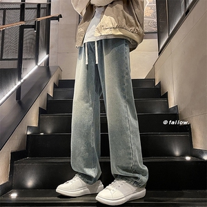 wassup happy牛仔裤男款春秋季潮牌水洗拖地休闲裤子直筒运动长裤图片