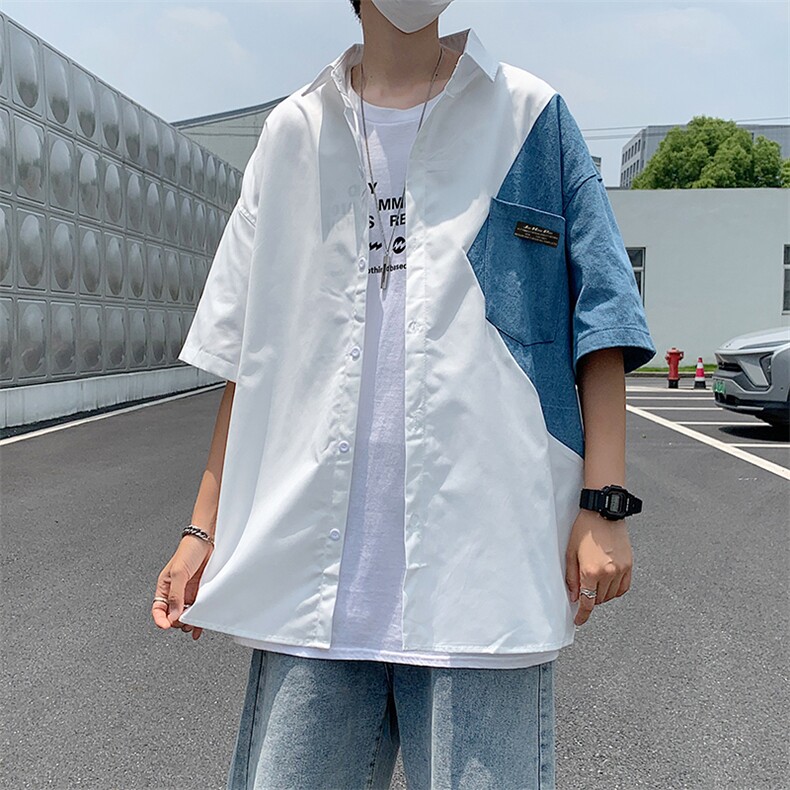 牛仔拼接短袖衬衫男潮牌宽松中性风半袖衬衣新款休闲W911-P35,男装衬衫,星座512-2