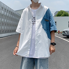 牛仔拼接短袖衬衫男潮牌宽松中性风半袖衬衣新款休闲W911-P35，男装衬衫，星座512-2